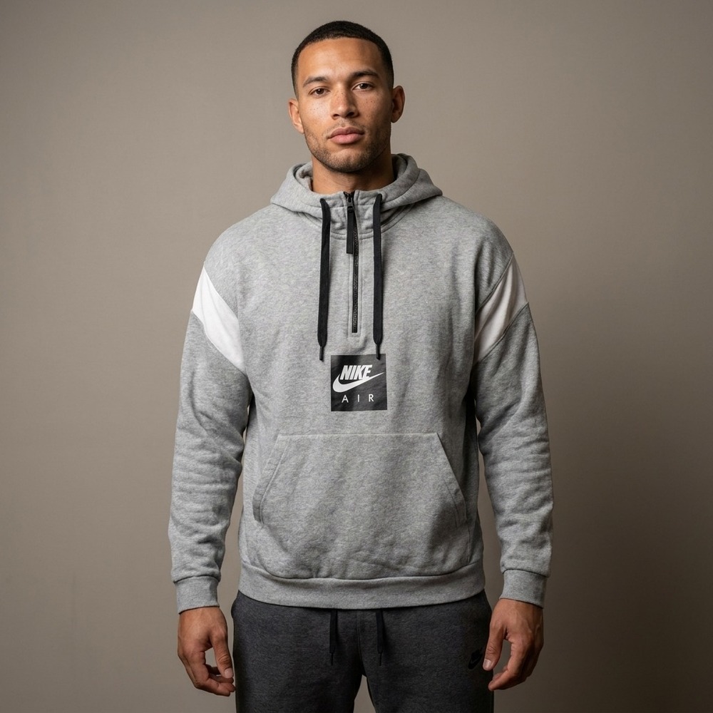 NIKE Mens Hoodie Large Gray Cotton Blend Athleisure Streetwear Quarter Zip